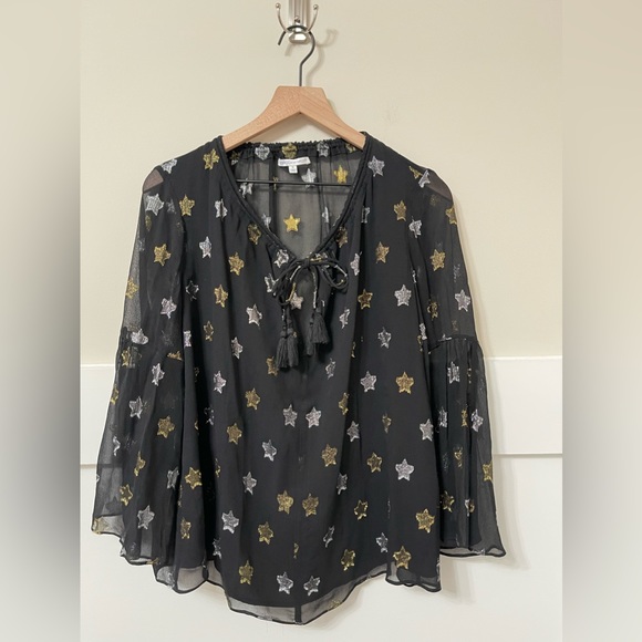 Rebecca Minkoff Derora Star Patterned Silk Metallic Relaxed Blouse Size Small - Picture 3 of 9